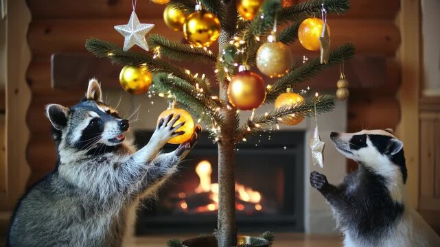 Two cute raccoons decorate a Christmas tree with golden balls and glittering star ornaments in a cozy wooden room. Warm fireplace light and sparkling garlands create a magical holiday atmosphere.