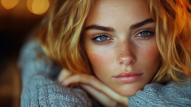 A close-up portrait of a woman with freckles, featuring loose waves and a serene expression. She rests her chin on her hand, illuminated by warm light. - Powered by Adobe