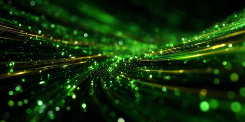 Intense green and golden light streaks flow through a dark digital space with glowing particles