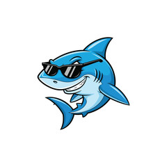 Cartoon blue shark wearing Christmas black sunglasses smiling with white background Keywords: shark, cartoon, sunglasses, cool, smiling, happy, ocean, sea, marine, animal