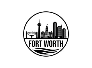 Fototapeta premium Fort Worth city skyline emblem with landmarks and bold city text
