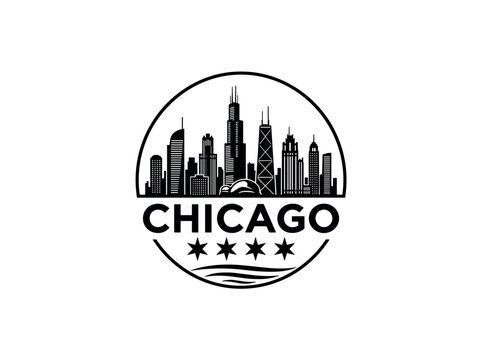 Chicago city skyline emblem with landmarks and bold city text