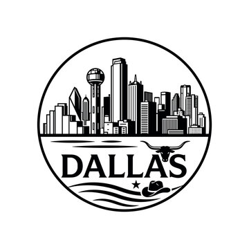 Dallas city skyline emblem with landmarks and bold city text
