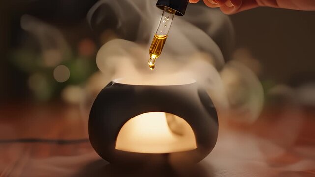 Hand Adds Essential Oil to Aroma Diffuser Creating Steam and Fragrance