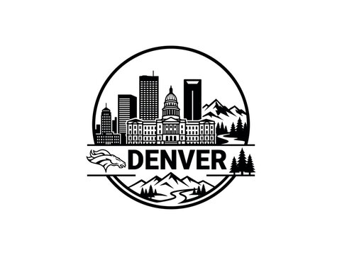 Denver city skyline emblem with landmarks and bold city text