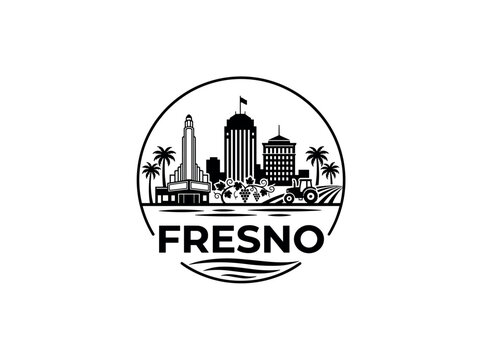 Fresno city skyline emblem with landmarks and bold city text