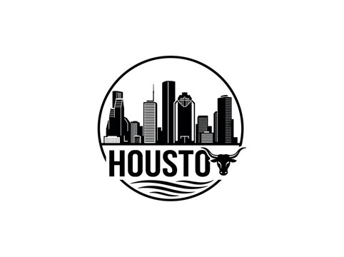 Houston city skyline emblem with landmarks and bold city text