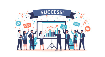 Successful business team celebrates 20% growth with rising graphs, confetti, and positive communication, showing collaboration and achievement in a modern style