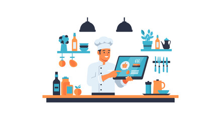 Modern chef using digital tablet for culinary recipes in a kitchen, showcasing professional food preparation and online cooking tutorials with a smile