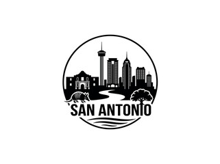 Obraz premium San Antonio city skyline emblem with landmarks and bold city text