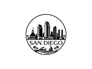 Fototapeta premium San Diego city skyline emblem with landmarks and bold city text