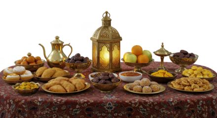 Traditional islamic iftar food and lantern isolated on transparent background