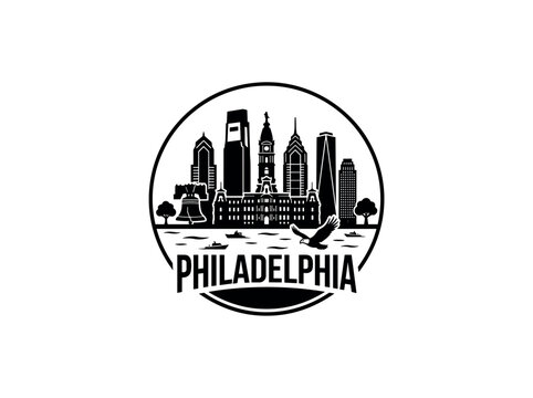 Philadelphia city skyline emblem with landmarks and bold city text
