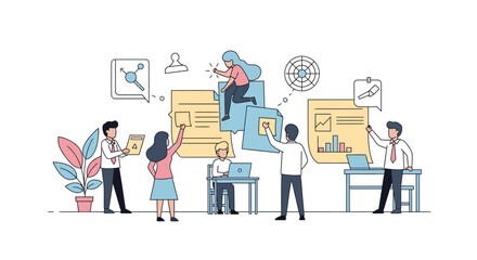 Dynamic team collaborating on a project, strategizing and planning together in a modern workspace, perfect for illustrating teamwork and business growth