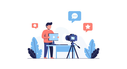 Engaging video creator livestreaming with camera and monitor, fostering community interaction and earning likes, perfect for social media marketing campaigns