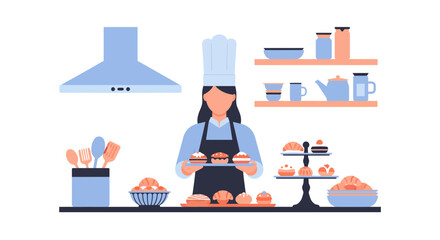 Delightful bakery scene showcasing a chef with pastries, perfect for food blogs, recipe sites, or culinary school promotions with a modern, clean design