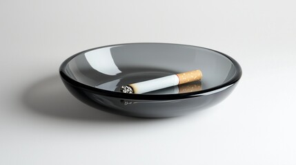 Close-up of a single cigarette resting in a modern black ashtray highlighting smoking habits and tobacco risks.