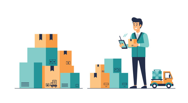 Modern logistics worker managing packages with tablet and delivery truck, perfect for supply chain, shipping, and e-commerce visuals with a clean design