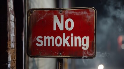 Red metal no smoking sign mounted on a pole emphasizing public area safety regulations and health protection.