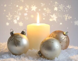 Glowing Christmas Candle with Ornament Balls Creating Warm Festive Holiday Atmosphere and Cozy Seasonal Ambience