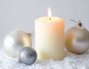Glowing Christmas Candle with Ornament Balls Creating Warm Festive Holiday Atmosphere and Cozy Seasonal Ambience
