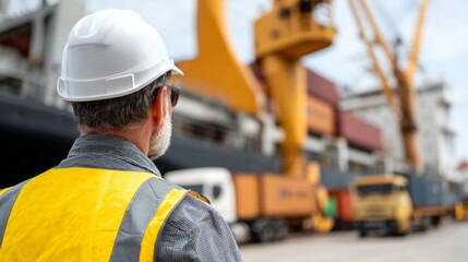 A construction worker in yellow safety gear watches the loading and unloading of cargo containers at a bustling shipping yard. The sun shines down, creating a dynamic atmosphere