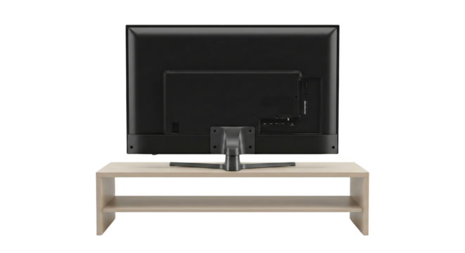 Isolated rear view of a modern flat screen television on a minimalist light wood tv stand