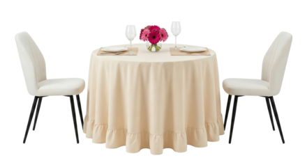 Elegant dining arrangement featuring a round table set for two with floral centerpiece, perfect