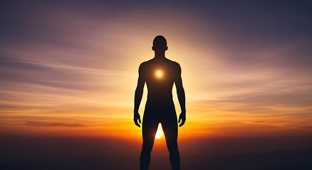 Empowering Silhouette of an Individual Bathed in Golden Light, Portraying Inner Energy, Spiritual Growth, and Hope at Dawn