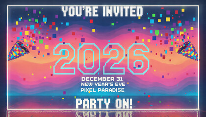 A new year invitation party poster 2026 typography pixel art neon gradient confetti burst festive design digital background event flyer celebration vibe sparkling confetti frames neon gradient pixel