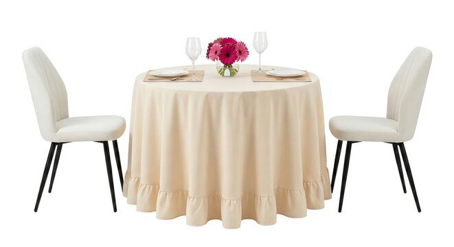 Elegant dining arrangement featuring a round table set for two with floral centerpiece, perfect