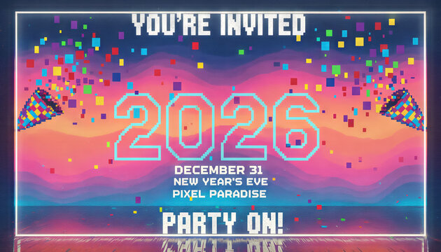 A new year invitation party poster 2026 typography pixel art neon gradient confetti burst festive design digital background event flyer celebration vibe sparkling confetti frames neon gradient pixel
