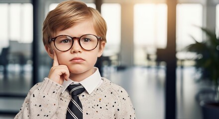 Serious young boy wearing professional attire and glasses stands in a modern corporate office environment.