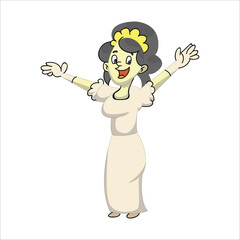 Happy cartoon bride raising both arms in excitement or waving to guests. Wedding celebration concept