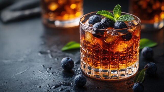 A sophisticated close-up shot of a glass of whiskey accented with fresh blueberries and mint leaves. The dark background emphasizes the colors and textures of the drink.