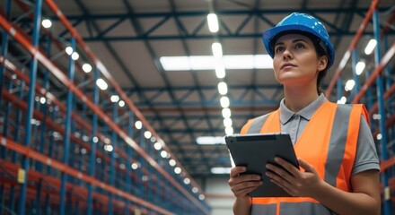 Female logistics worker in safety vest holding a digital tablet and surveying the large modern warehouse.