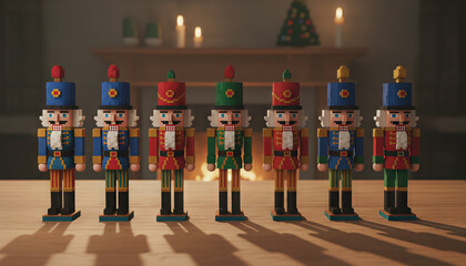 Naklejka premium A nutcracker toy wooden soldier christmas holiday festive colorful vintage decoration light fireplace mantel candle bokeh warm cozy living room interior winter tradition classic parade lineup