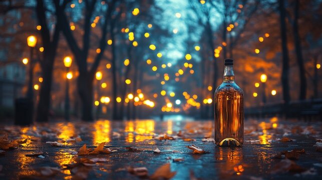 A bottle of whiskey rests on a rain-slicked pathway within a dark forest. Warm string lights cast an enchanting, otherworldly glow, adding a magical ambiance. - Powered by Adobe