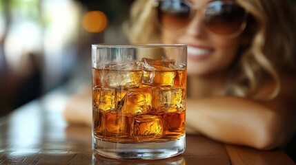 A stylish glass of whiskey with ice sits on a wooden table, with a woman in sunglasses creating a relaxed and sophisticated scene.