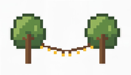 A pixel art trees retro style green foliage brown trunk string lights glowing garland minimal design 8 bit festive mood white background. playful holiday scene with cozy charm and simple geometry