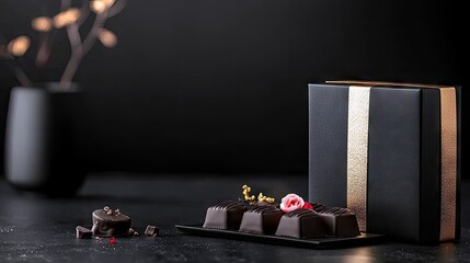 Close-up of assorted chocolate candies with a gift box on a dark table, elegant arrangement.