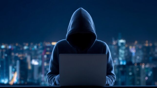 A hooded figure sits in silence, focused on their laptop in the dark, overlooking a vibrant city filled with lights. The atmosphere is thick with mystery and intrigue - Powered by Adobe