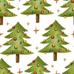 Christmas tree with toys seamless pattern. Hand drawn watercolor illustration on isolated background. Merry  Christmas and happy new year holly design. Endless background for print, wrapping paper