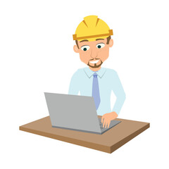 Cartoon construction engineer or project manager sitting at an office desk and typing on a laptop. Digital planning concept