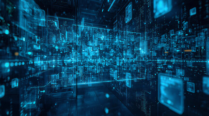 Abstract digital technology background with binary code and futuristic light in a blue internet concept design