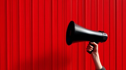 A hand grips a black megaphone firmly, poised against a bold red wall that captures attention. This setting suggests a moment of rallying or public speaking, inviting engagement
