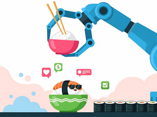 Cartoon robot arm chef making sushi vector illustration