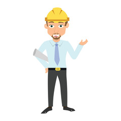 Construction architect or engineer holding a rolled blueprint and gesturing with his other hand to present a project or idea