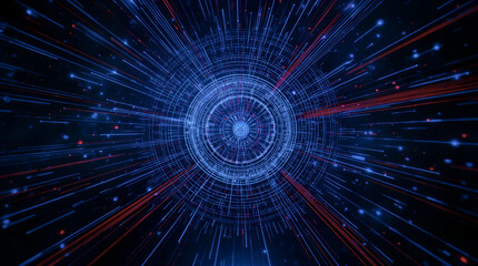 Bright digital fractal space burst pattern with glowing blue stars on a black background