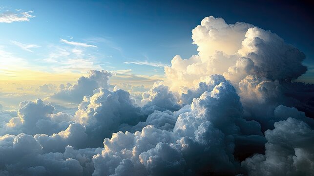 A beautiful view of fluffy clouds in a blue sky at sunrise. The clouds are illuminated by the sun's rays. - Powered by Adobe